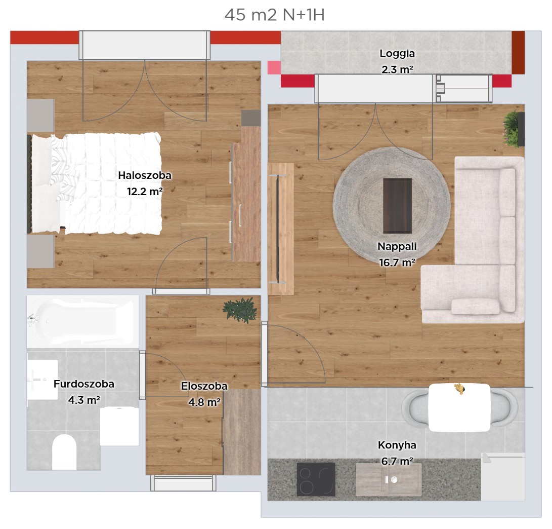 Nappali, 1 hálós lakások