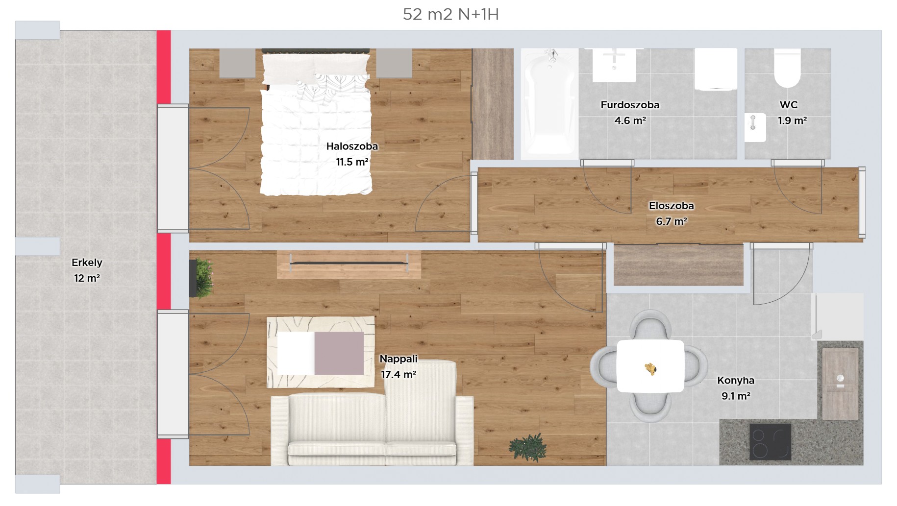 Nappali, 1 hálós lakások