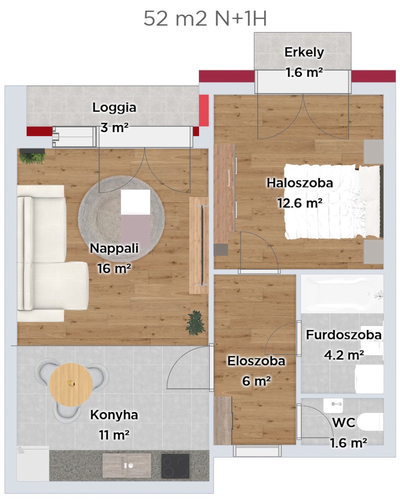 Nappali, 1 hálós lakások